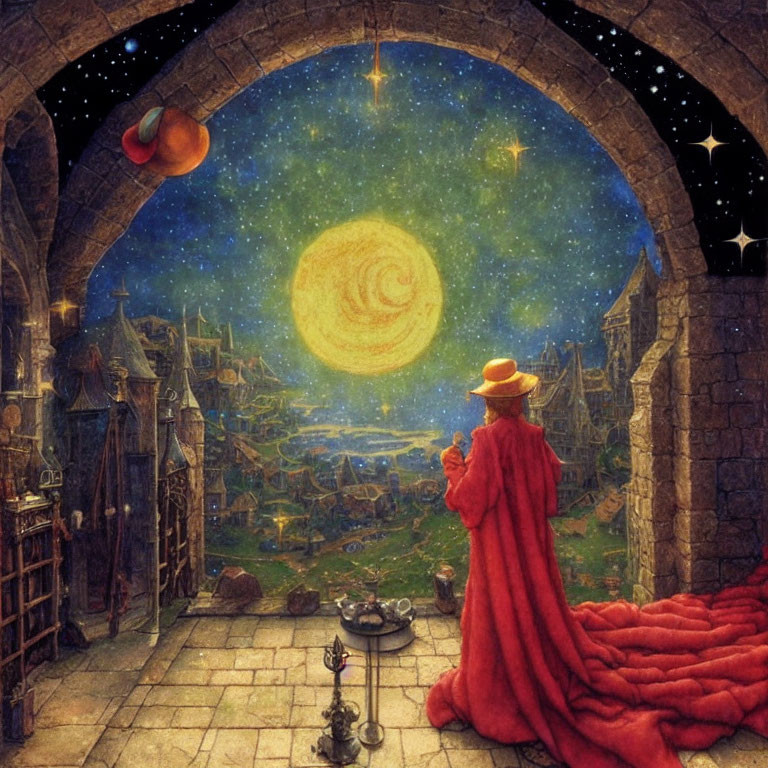 Person in red cloak gazes at starry sky over medieval town