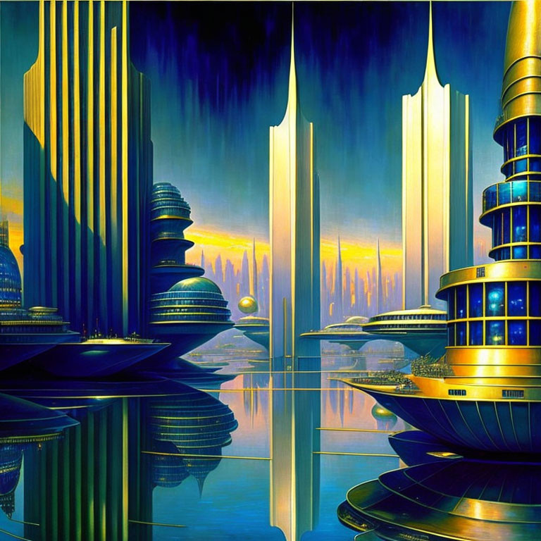 Futuristic cityscape with reflective skyscrapers and serene waterfront