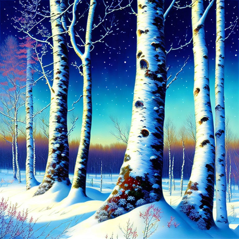 Winter Birch Trees Night Sky Snow Scene