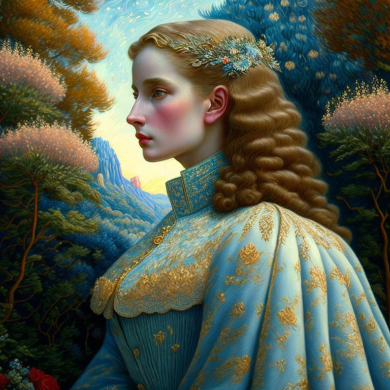 Golden-haired woman in blue embroidered dress in lush forest setting