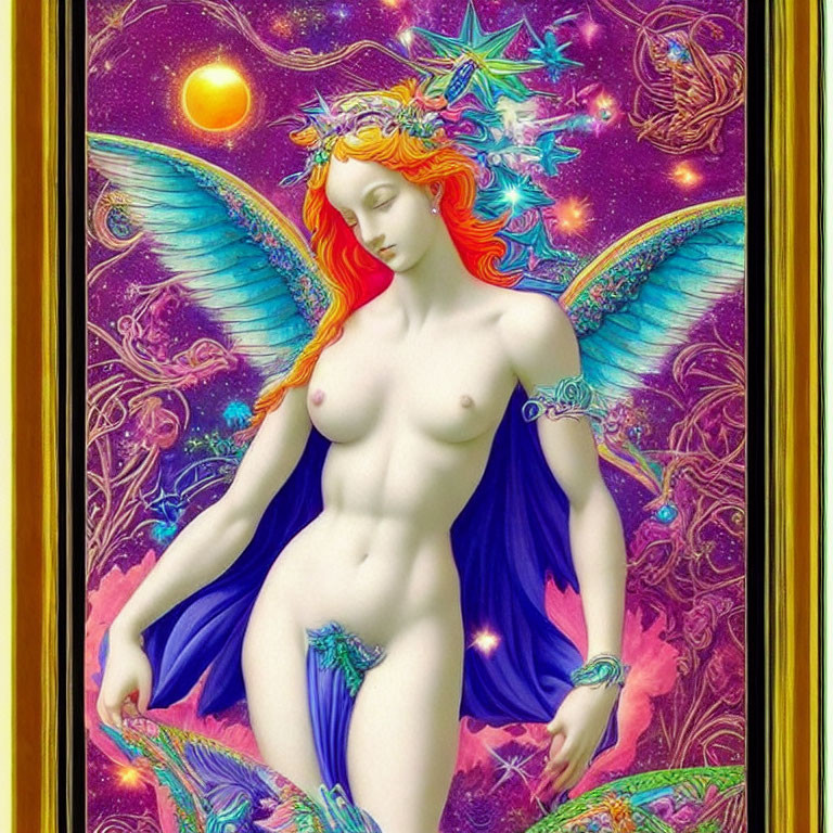 Vibrant cosmic painting of winged female figure in blue fabric