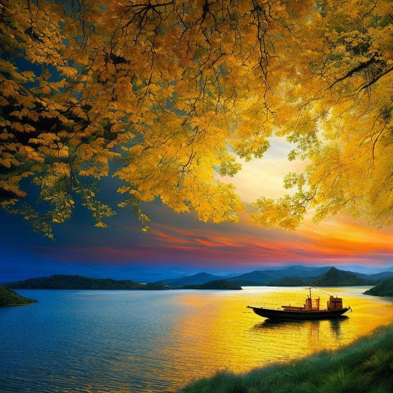 Tranquil lake sunset with boat, hills, autumn leaves