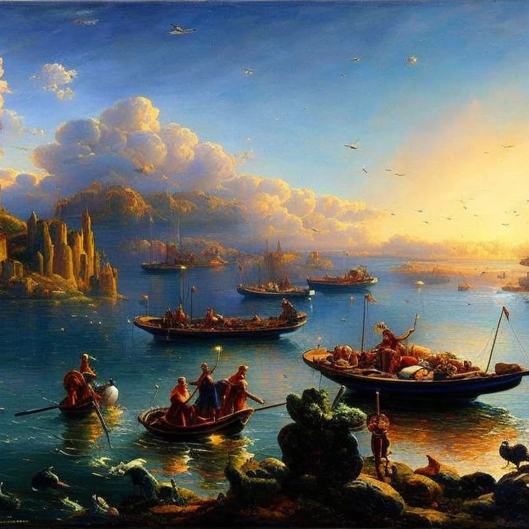 Tranquil sunset seascape with boats, figures, and distant cityscape