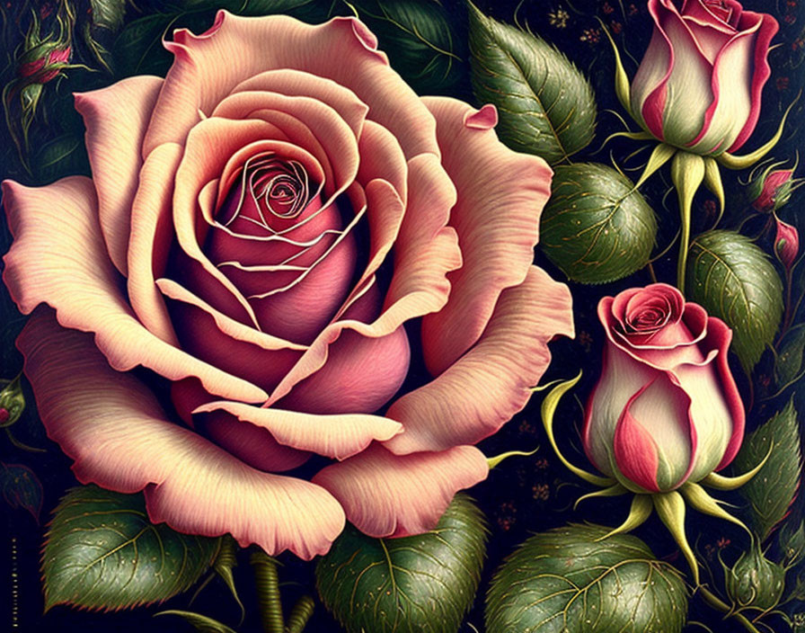 Detailed Digital Artwork: Pink Roses on Dark Background