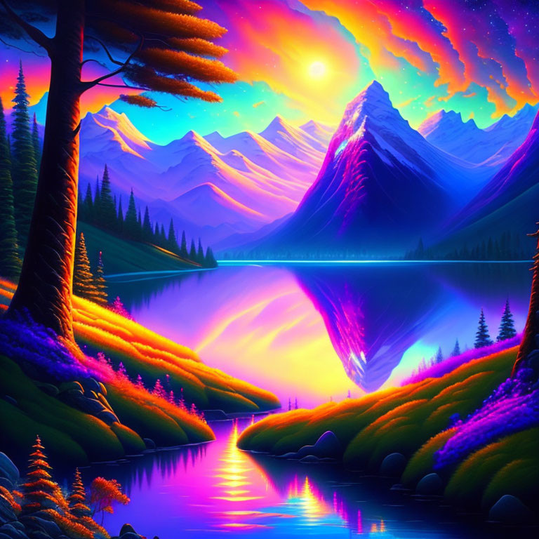 Colorful surreal landscape: neon sunset, reflective river, glowing flora