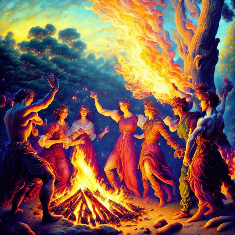 Dynamic painting of people dancing around fiery bonfire in forest