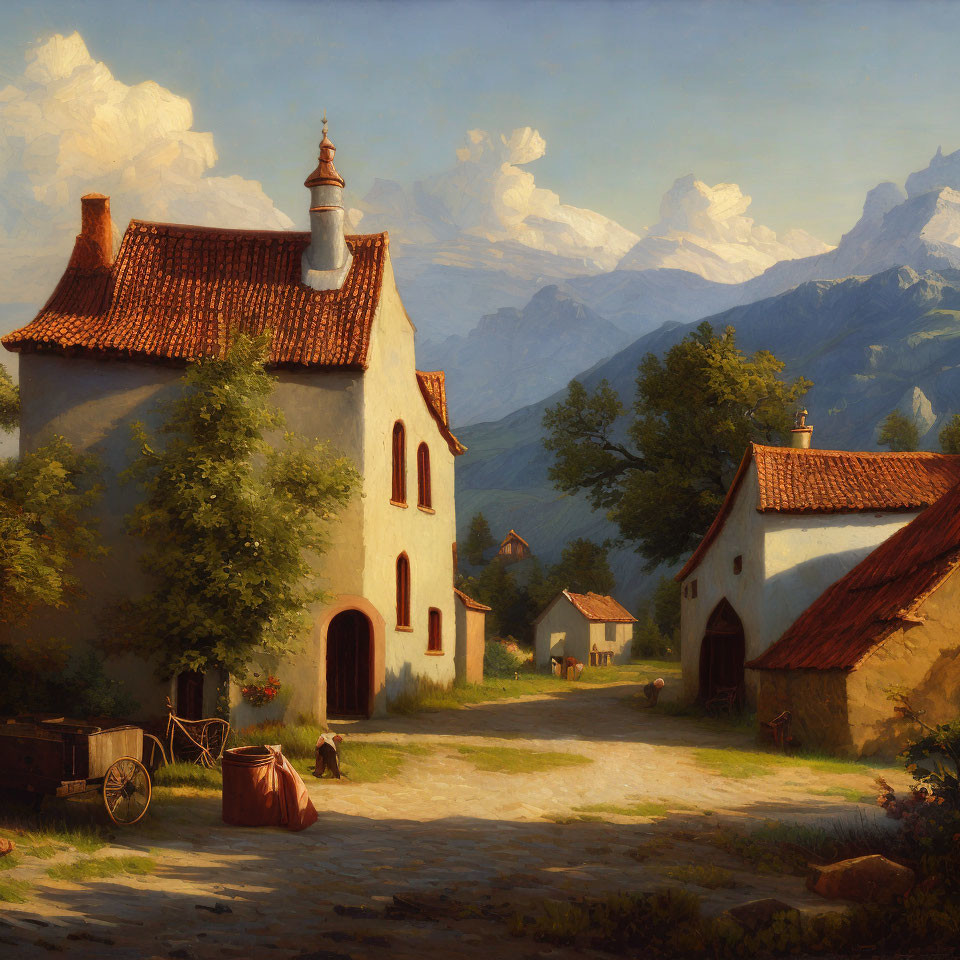 Rustic village scene with quaint houses, cart, sacks, and distant mountains