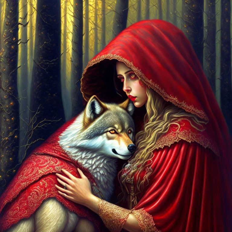 Woman in Red Hooded Cloak Embracing Wolf in Golden Forest