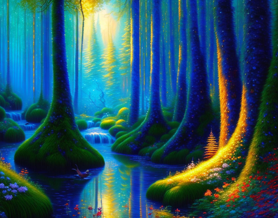 Enchanting forest with vibrant blue light and lush green trees