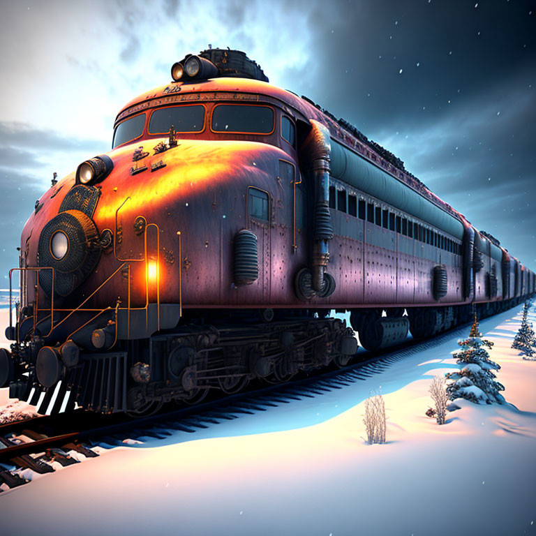 Vintage train travels through snowy landscape at twilight