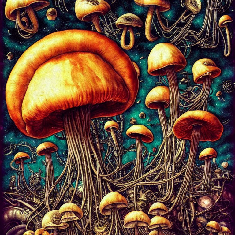 Vibrant orange mushrooms in intricate forest scene