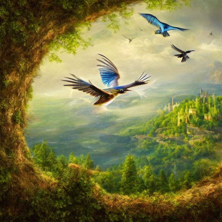 Birds flying through circular opening in vibrant landscape with castle and trees.