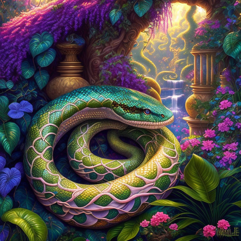 Colorful digital artwork: Green snake in mystical jungle