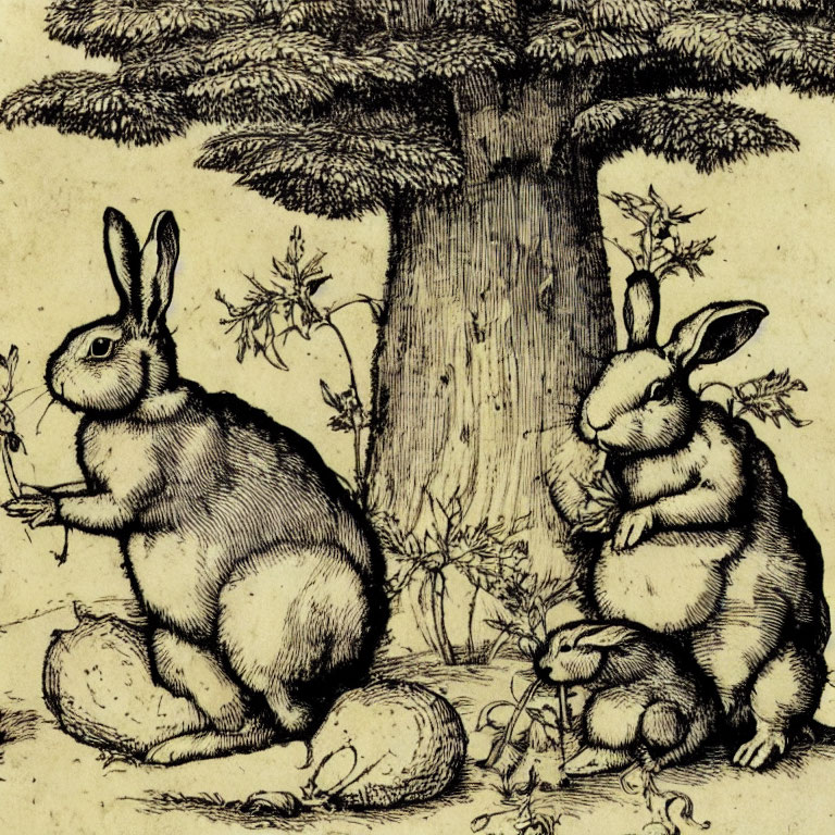 Three rabbits under a tree with rocks and vegetation