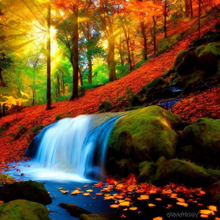 Scenic autumn waterfall with mossy rocks and colorful trees