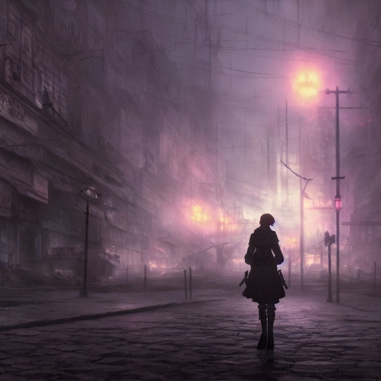 Solitary figure walking in foggy dystopian street under pink-tinged sky
