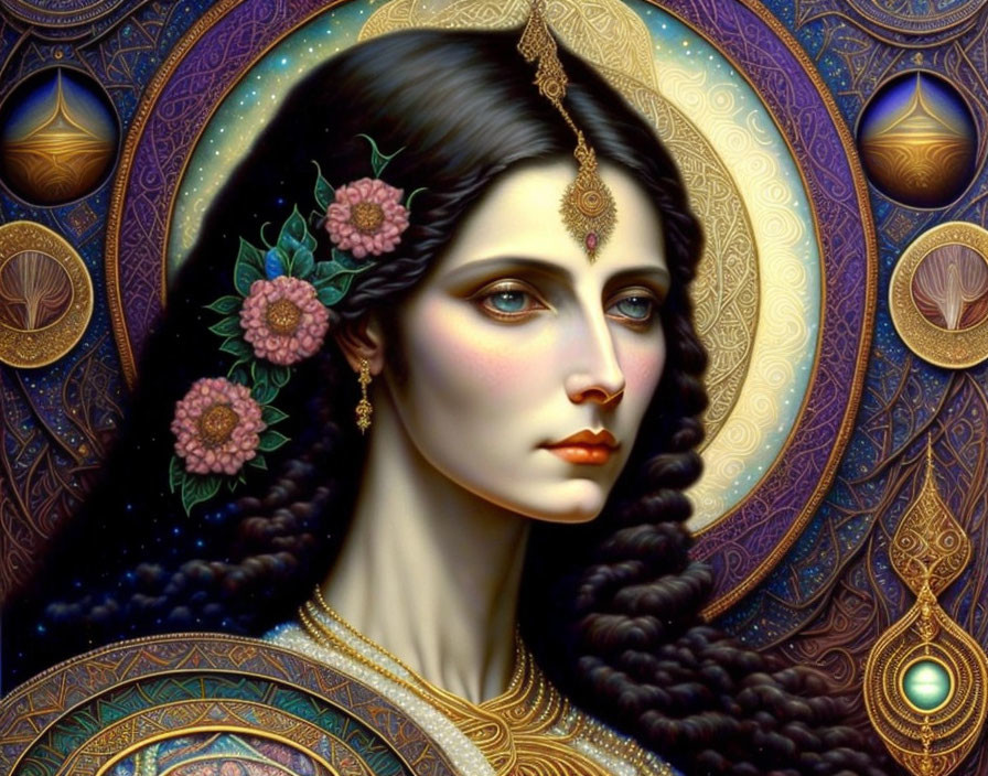 Detailed artwork of woman with blue eyes, gold jewelry, and cosmic backdrop