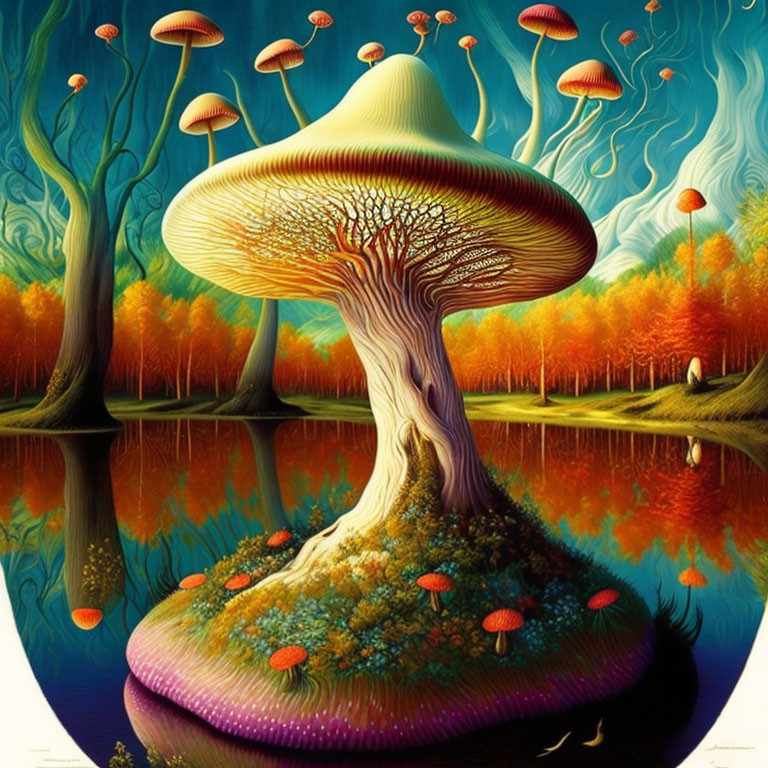 Colorful surreal landscape with mushroom-shaped tree and floating jellyfish-like mushrooms