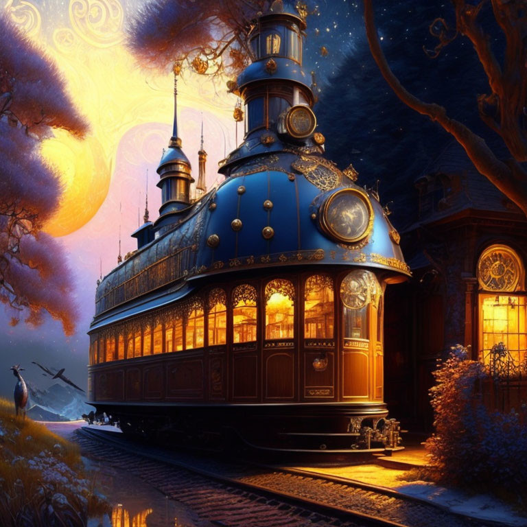 Steam-era train with glowing windows and intricate metalwork stops at twilight station