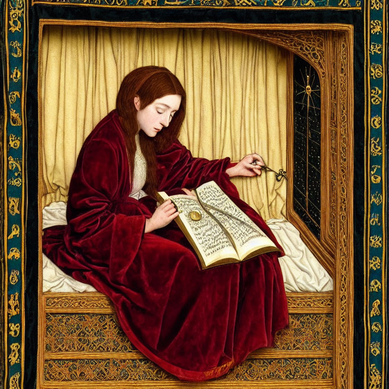 Woman in rich red robe reading large book by window with spider's web in ornate room