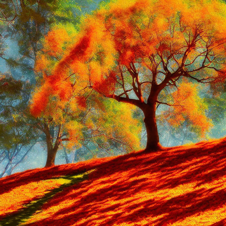 Colorful autumn trees casting shadows on sunlit red grassy hill