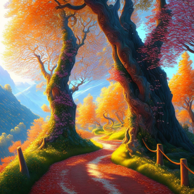 Colorful Path Through Fantastical Forest with Twisted Trees