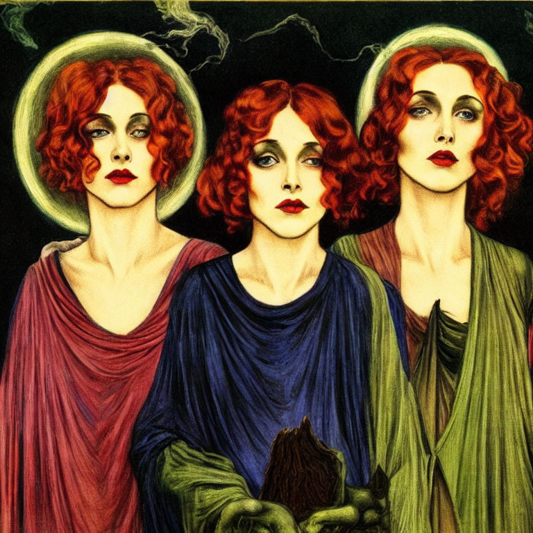 Three women with red hair in colorful robes against dark backdrop