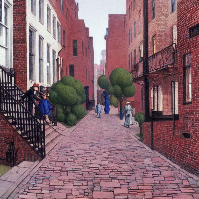 Cobbled Street Painting with Red Brick Buildings and 19th-Century Figures