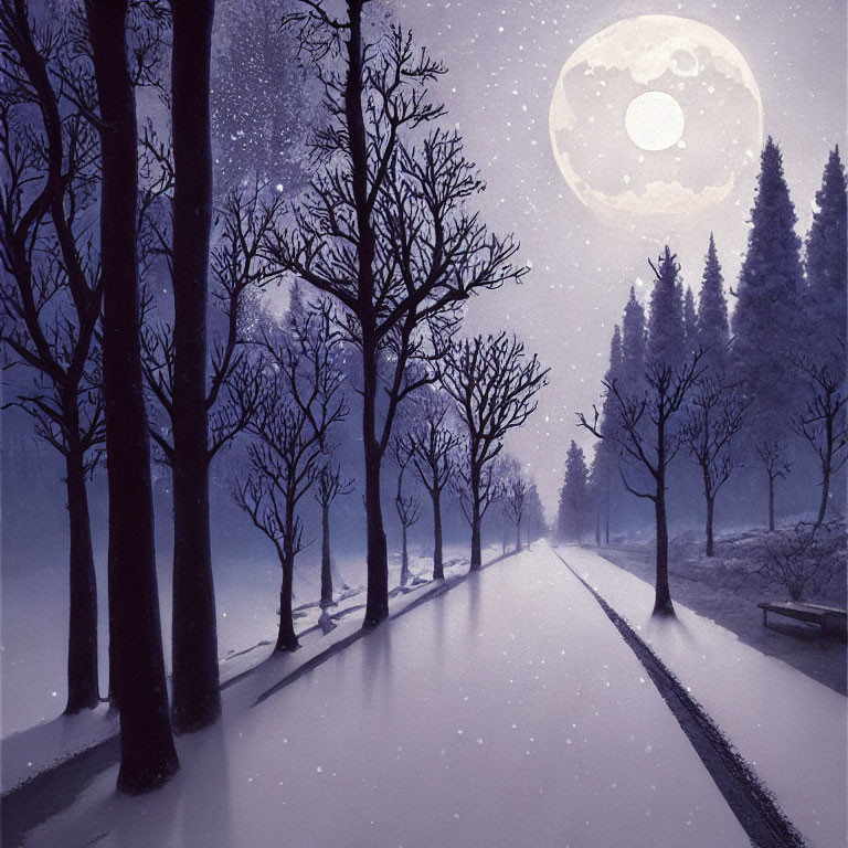 Moonlit snowy landscape with bare trees and starry sky.