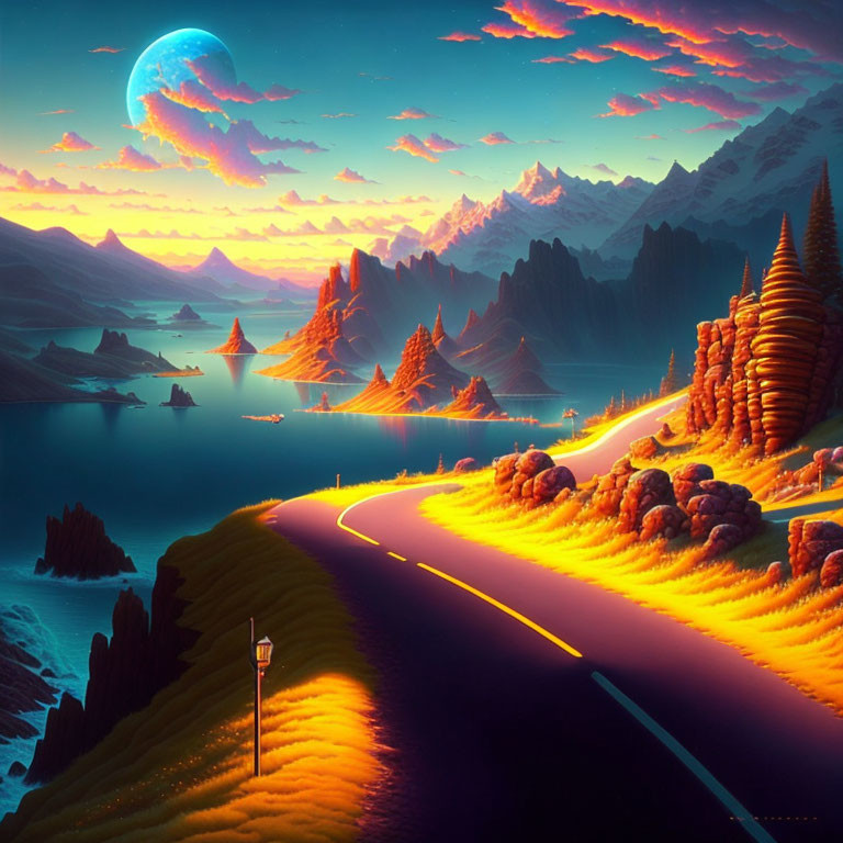 Surreal landscape: winding road, orange foliage, mountains, large moon, colorful clouds