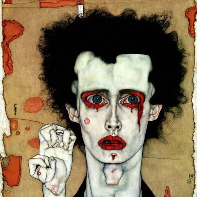 Pale-skinned person with black hair, red eyes, and blood-like accents on beige backdrop