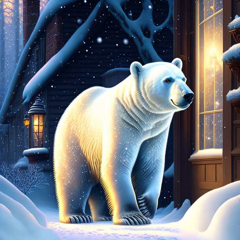 Polar bear in snowy night scene by warmly lit house window