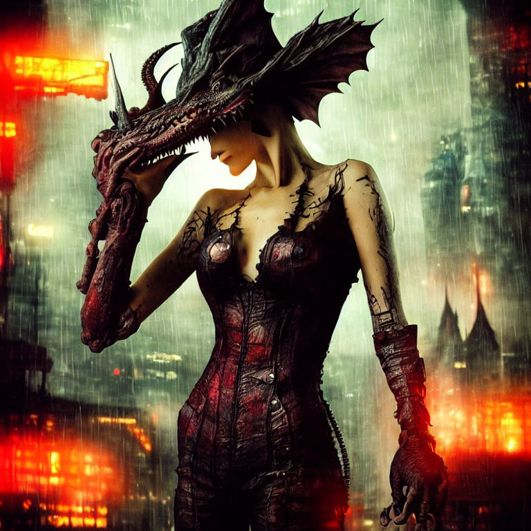 Female character in red and black outfit with dragon headpiece in rainy cityscape.