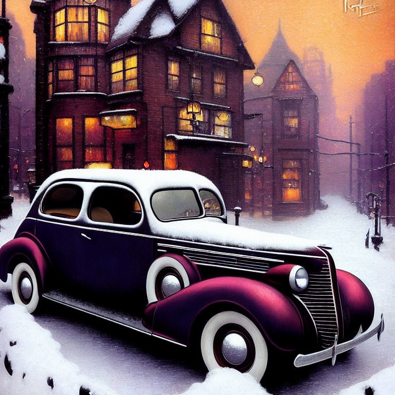 Vintage Car Parked on Snowy Street at Dusk