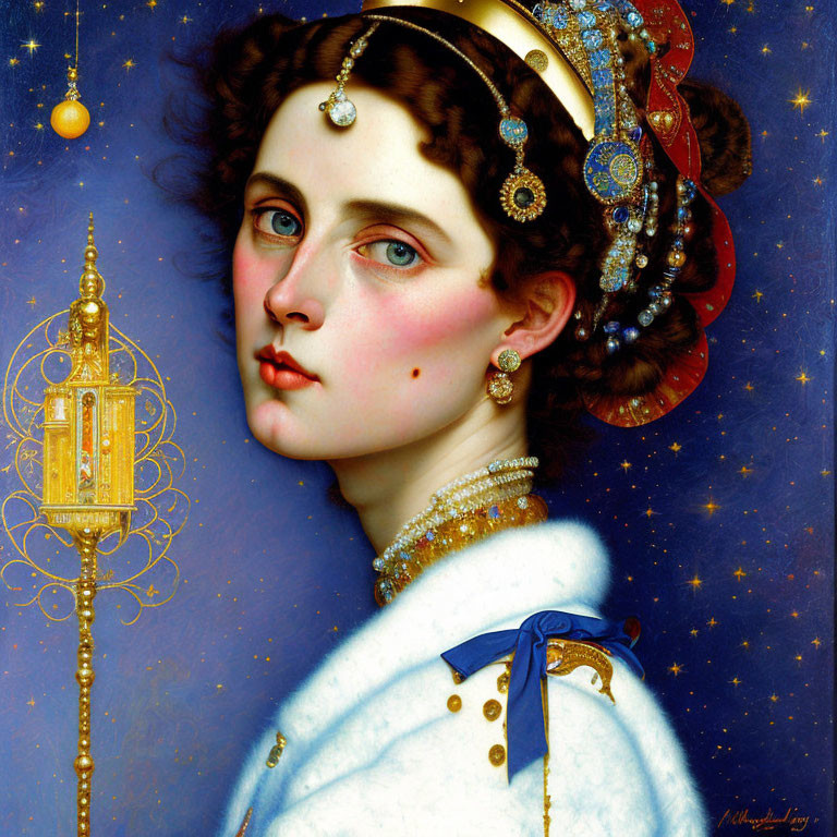 Digital painting of woman with dark hair in elaborate headdress and jewelry, holding golden lantern against starry