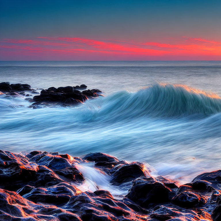 Colorful Sunrise Over Vibrant Seascape with Cresting Wave