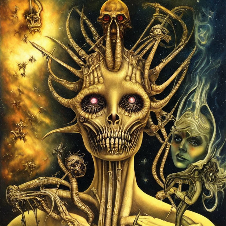 Surreal artwork: skull, serpentine creatures, haunting face, cosmic elements