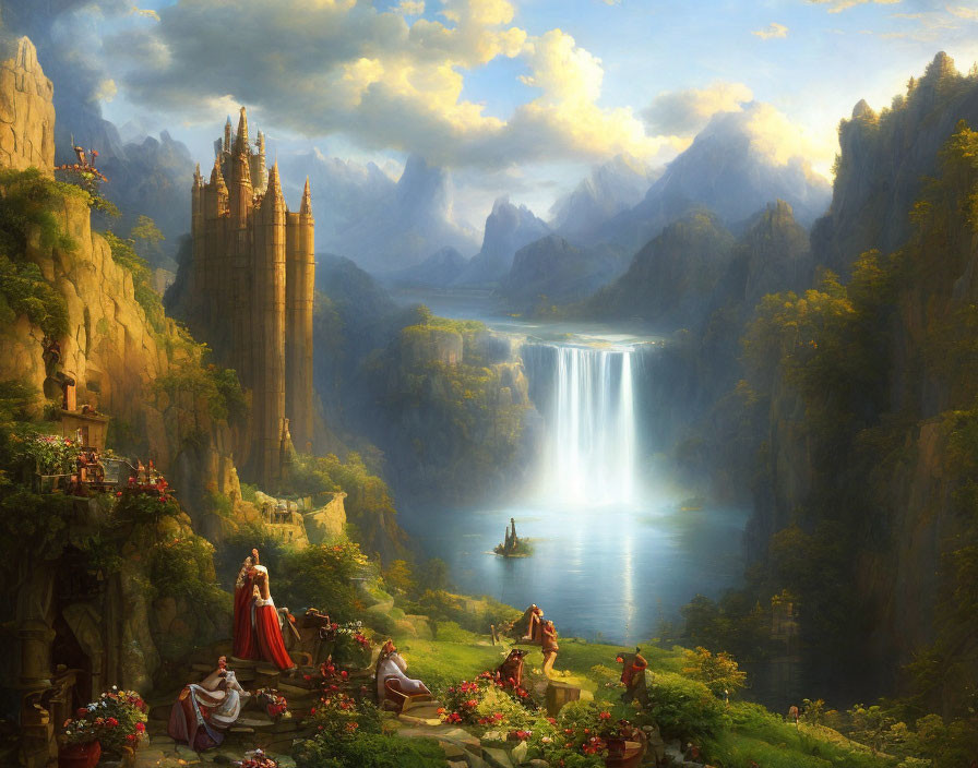 Majestic waterfall, serene lake, medieval attire, castle in idyllic landscape