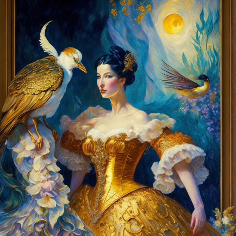 Golden Baroque Dress with Birds in Vibrant Sunlit Setting