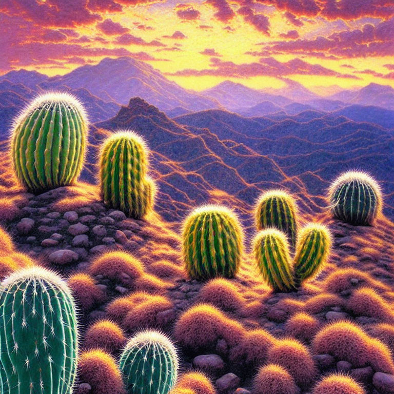 Desert landscape painting: cacti, mountains, sunset sky