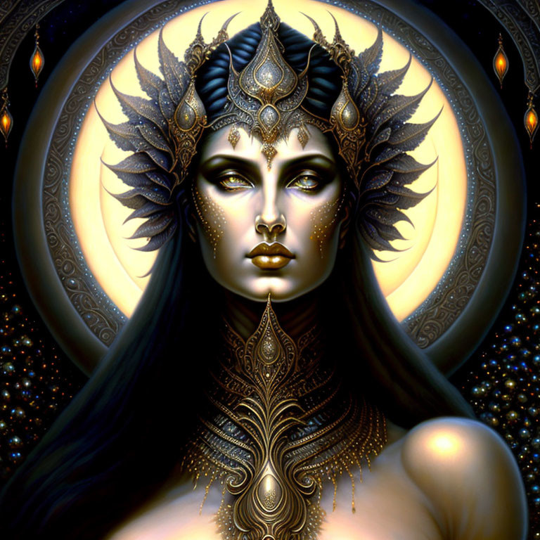 Mystical female figure with golden ornate headdress in starry aura