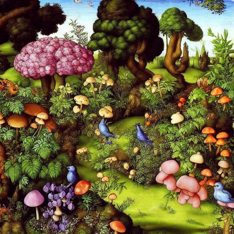 Colorful forest illustration with whimsical mushrooms, trees, birds, and animals