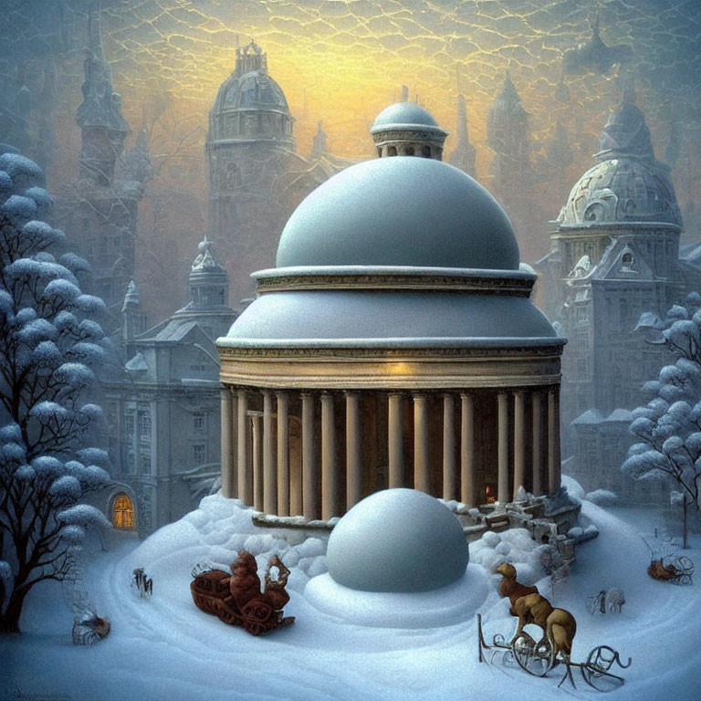 Fantastical snow-covered cityscape with classical buildings and sleigh