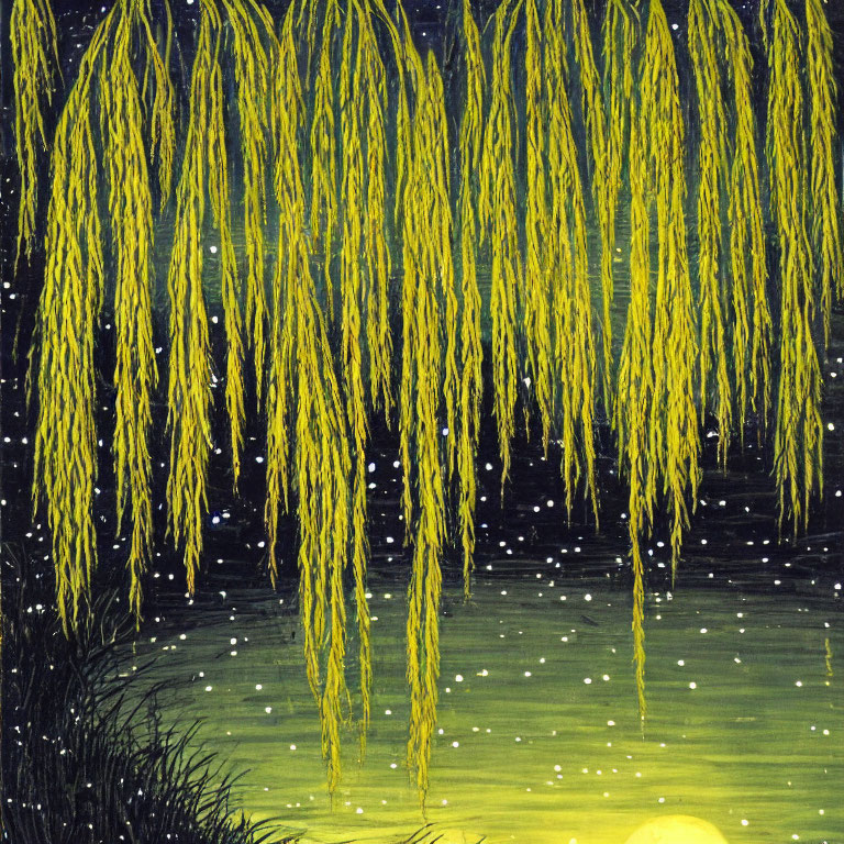 Starry night sky with willow branches and glowing orb artwork