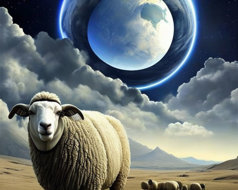 Surreal landscape with sheep, oversized glowing Earth, and starry sky