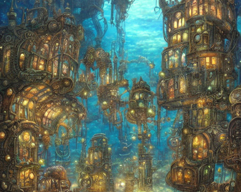 Fantastical underwater city with glowing buildings and suspended structures