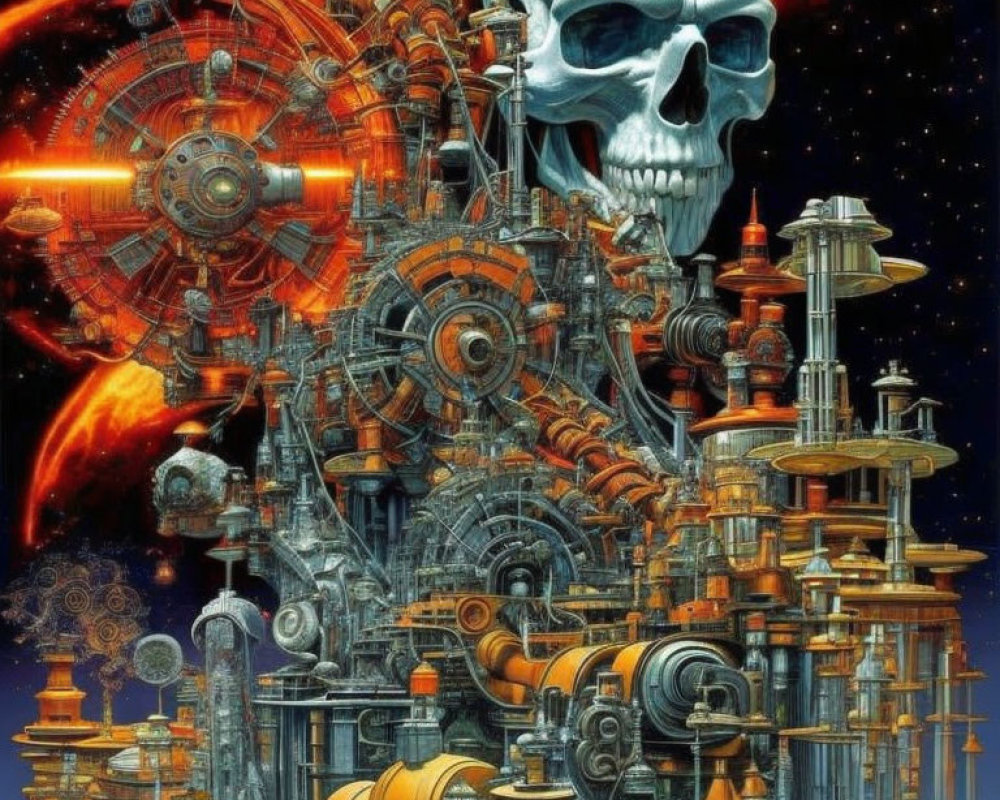 Surreal artwork: large skull in space with mechanical structure and celestial backdrop