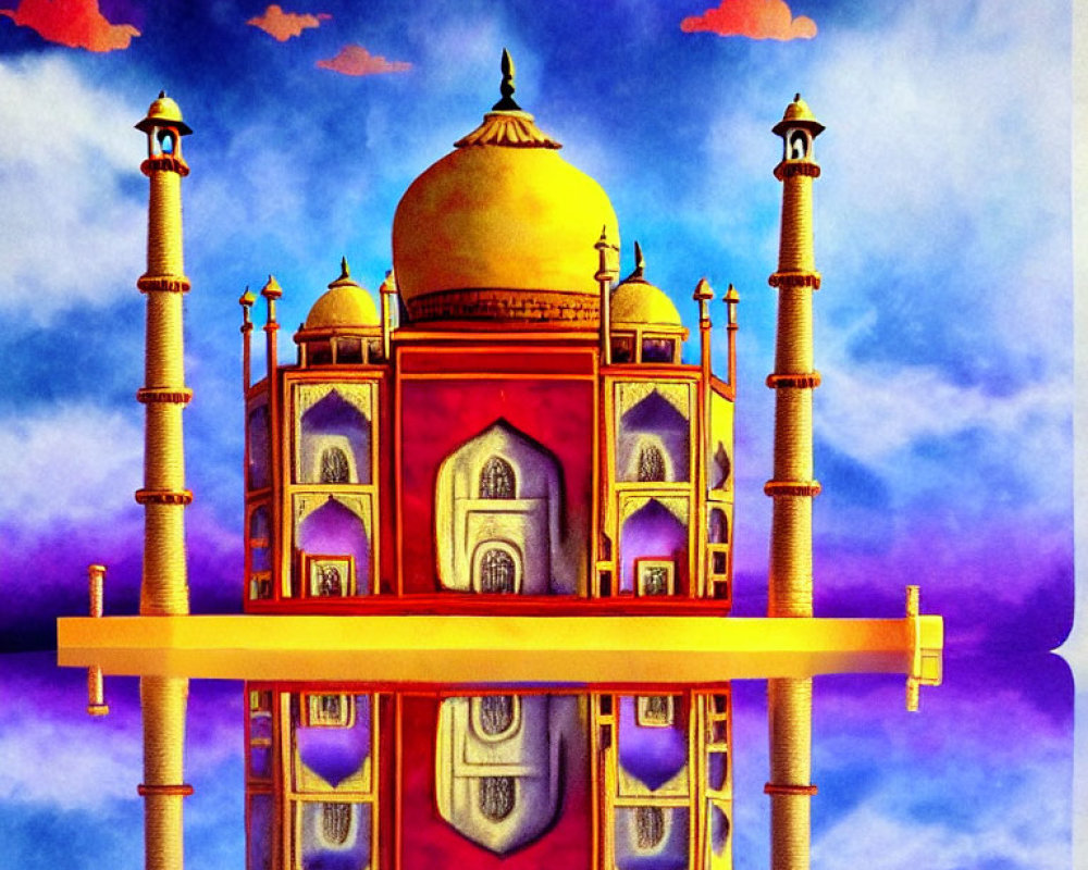 Vibrant surreal Taj Mahal-like structure against blue sky