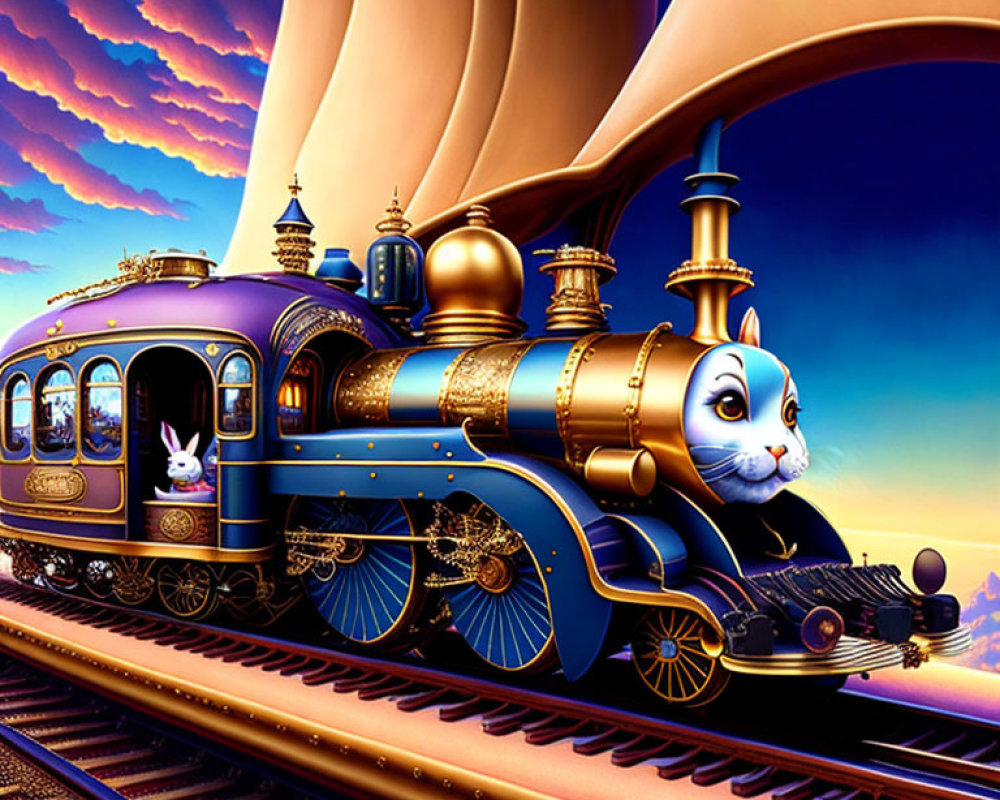 Fantastical Train with Cat's Face and Rabbit under Vivid Sky