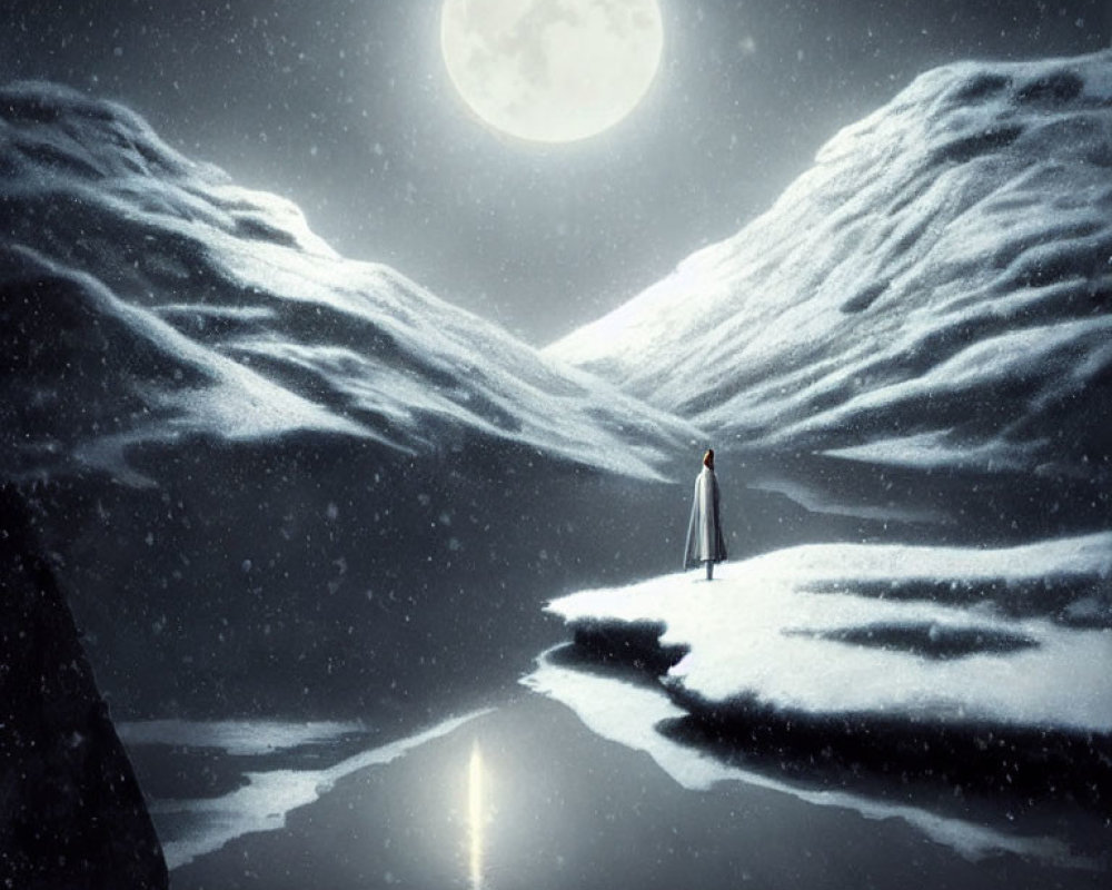 Solitary figure by reflective water under full moon in snowy mountains